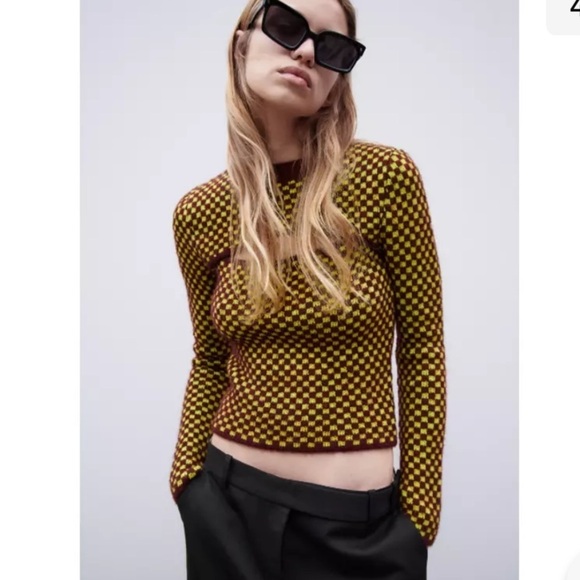 Zara Burgundy Checkered Cut-Out Knit Sweater - Picture 4 of 14